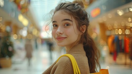 A beautiful young woman with a bright shopping bag stands and looks smiling at the camera