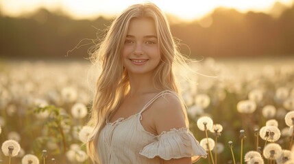 Fototapeta na wymiar A beautiful young girl in a light linen sundress and long blond hair runs through a field of dandelions and smiles