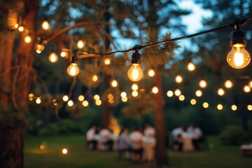 This image depicts a charming evening celebration outdoors, where overhead light bulbs cast a majestic glow over the joyful social gathering