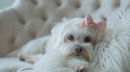 A cute Maltese dog with a pink bow on his head lies on a white fluffy chair and looks at the camera