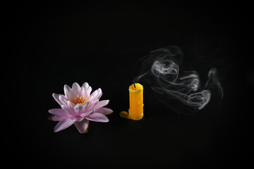  an extinguished candle and a beautiful pink waterlily on a black background