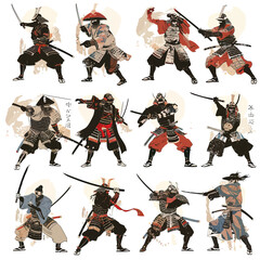 Set Woodblock Print of Samurai Warrior