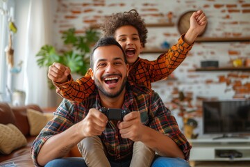 An exuberant father and son duo enjoying playing video games together, expressing fun and bonding