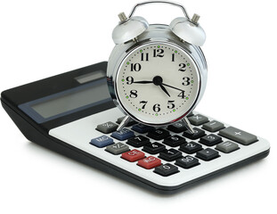 clock on calculator isolated, time for money concept