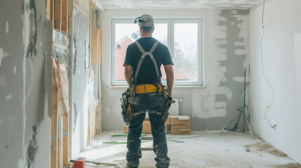 Fototapeta premium Back view of a man contractor at work inside a home for renovation and refurbishment project , complete energy efficiency renovation concept image 
