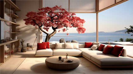 A modern and stylish living area boasting a coastal-themed interior design, featuring sleek white and ruby-colored materials, with a large window framing a breathtaking ocean view illuminated.