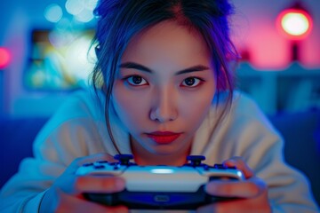 Young woman intensely concentrating on a video game with a controller in a room with neon lighting - obrazy, fototapety, plakaty