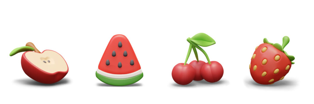 Appetizing fruit and berry icons set. 3D half of apple, slice of watermelon, cherries, strawberries
