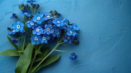 A bouquet of forget-me-not flowers lies on the left on a blue minimalistic background