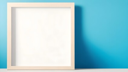 Picture Frame on Wall. Empty Wooden Frame Hanging on Blue Wall with Sunlight. Minimalistic Frame with Copy Space for Mockup Presentations in Interior Design and Art Gallery Concep