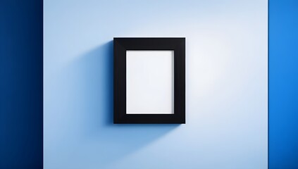 Empty Picture Frame. Empty Black Wooden Frame Hanging on Blue Wall. Minimalistic Frame with Copy Space for Mockup Presentations in Interior Design and Art Gallery Concept.