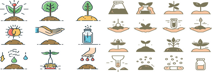 Soil testing flat line icons set. Agriculture, planting vector illustrations, hands holding ground with spring, plant fertilizer