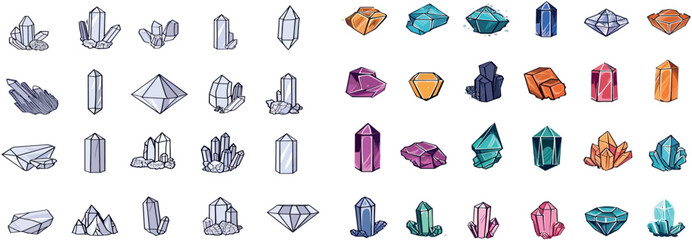 Crystals flat line icons set. Mineral rock, diamond shape, salt, abstract gemstone, magic crystal vector illustrations