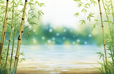 Illustration Featuring a Serene Water Surface, with a Shoreline Flanked by Bamboo, Providing Open Space for Text, Perfect for Nature-themed Designs, Relaxation Promotions, and Travel Advertisements