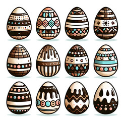 collection of Easter eggs, each decorated with different patterns and colors, including chocolate-themed designs. The eggs should