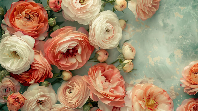 Vintage background with roses and ranunculus in muted tones
