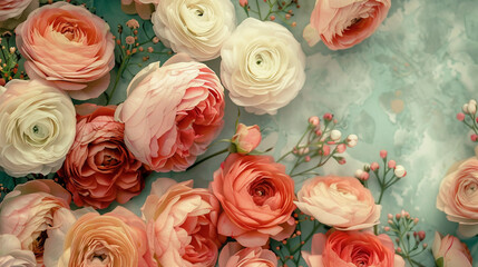 Vintage background with roses and ranunculus in muted tones