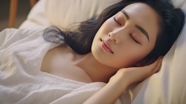 Top view image of asian woman sleeping alone in king size bed on white pillows. Young Asian woman sleeping in her bed at home