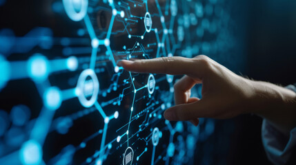 Blockchain technology concept, Businessman touching on virtual blockchain, futuristic global networking, data network connect, Internet security. Encrypted block and crypto chain 