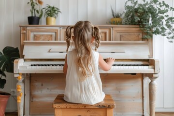 A toddler with pigtail hair reaches for the piano keys in a well-lit, plant-filled room