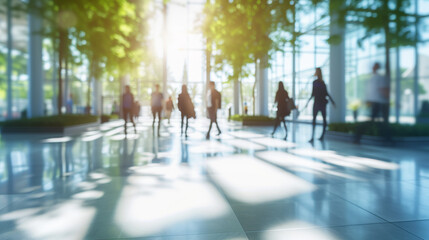 Blurred background of people walking in a modern office building with green trees and sunlight , eco friendly and ecological responsible business concept image with copy space 