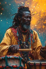 A creative man plays drums on an abstract background