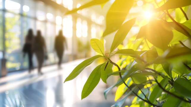 Blurred background of people walking in a modern office building with green trees and sunlight , eco friendly and ecological responsible business concept image with copy space 