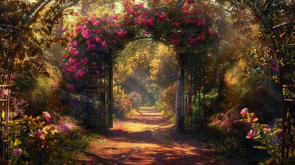 A picturesque view of a rustic garden gate. 