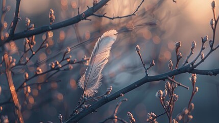 A simple yet striking image of a feather caught on a twig.  - obrazy, fototapety, plakaty