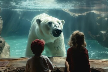 Young mother and child with red headwear gazing at polar bear swimming in zoo's underwater exhibit