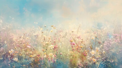 A soft-focus backdrop of early morning dew on a field of wildflowers.