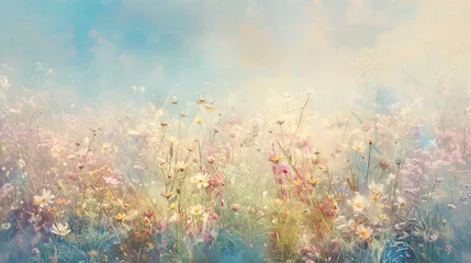 Schilderijen op glas A soft-focus backdrop of early morning dew on a field of wildflowers. © Dannchez