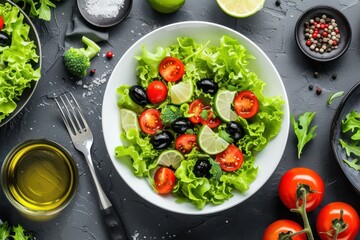 Top view of a healthy fresh salad made with lettuce, cherry tomatoes, black olives, lime, salt and pepper on a white bowl