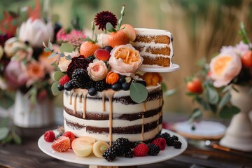 A towering cake adorned with fresh flowers, berries, and fruits set beautifully among floral arrangements for a celebration