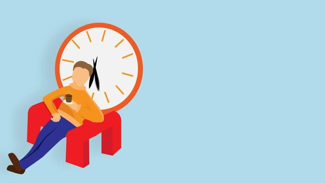 Businessman coffee break animation. Clock with businessman. Breakfast time business concept.