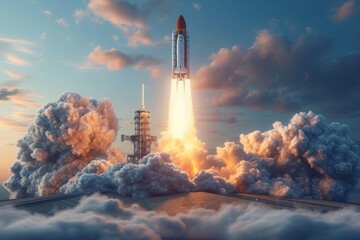 The space shuttle begins to take off into space. 3d illustration - obrazy, fototapety, plakaty