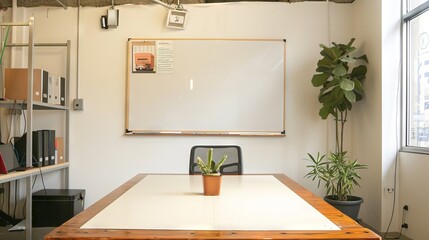 Minimalist Office Space with Whiteboard, Wooden Desk, and Plant AI Generated.