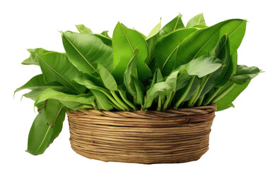 A Basket Filled With Green Leaves. A basket filled with an abundance of vibrant green leaves, creating a rich and textured display.