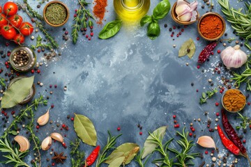 Top view of a various kinds of multicolored mediterranean spices and herbs 