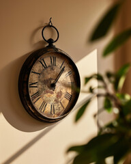 Vintage clock on an aesthetic wall indoors