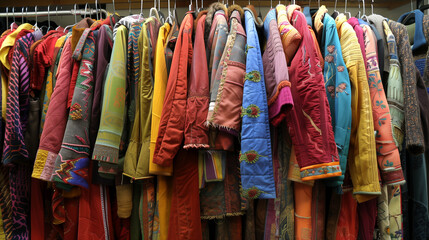 patchwork clothing. rails of clothes on a hanger. handmade. recycling of materials, environmental friendliness.