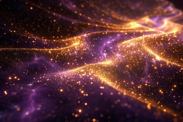 Purple abstract background with small shiny golden sparks floating in the air.