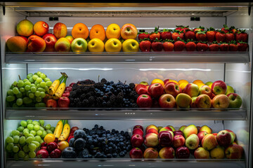Various fruits on the shelves in a supermarket