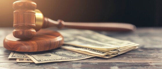 Legal Gavel and Cash on Wooden Surface - obrazy, fototapety, plakaty