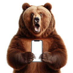 Grizzly bear Smartphone Promo - A cheerful bear showing off a smartphone, suitable for friendly tech advertisements. Ideas for surprised, sale, shocking, wow, special and discount.