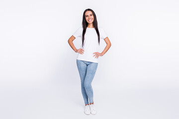Full length body size photo happy smiling girl in casual t-shirt jeans isolated on white color background