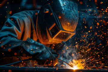 Welding master at work in sparks