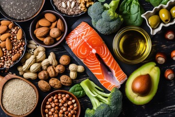 Top view of an assortment of food rich in Omega-3