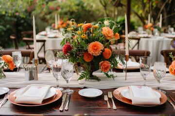 An elegantly set dining table outdoors, featuring classy tableware and a large, eye-catching floral arrangement