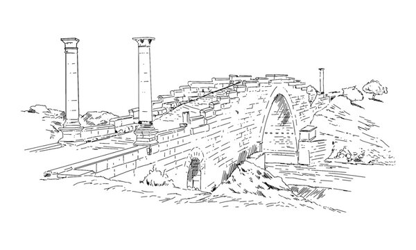 Cendere bridge illustration. Pencil drawing of the Cendere bridge in Adıyaman T&uuml;rkiye.